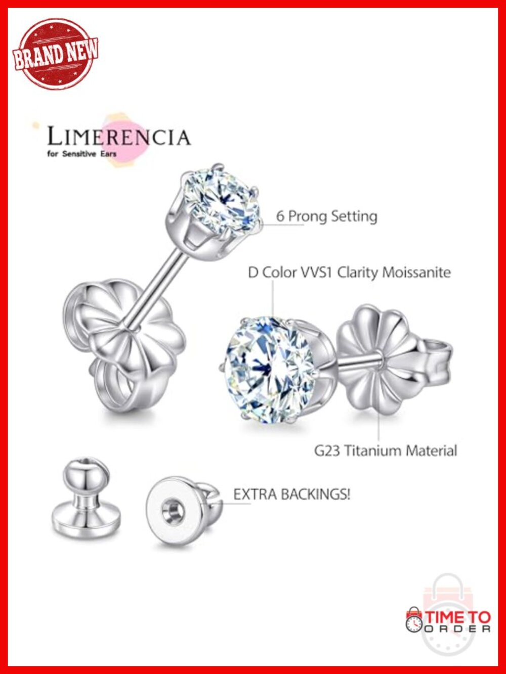 Moissanite Stud Earrings - 18K White Gold Plated Titanium, Hypoallergenic, - Picture 3 of 6